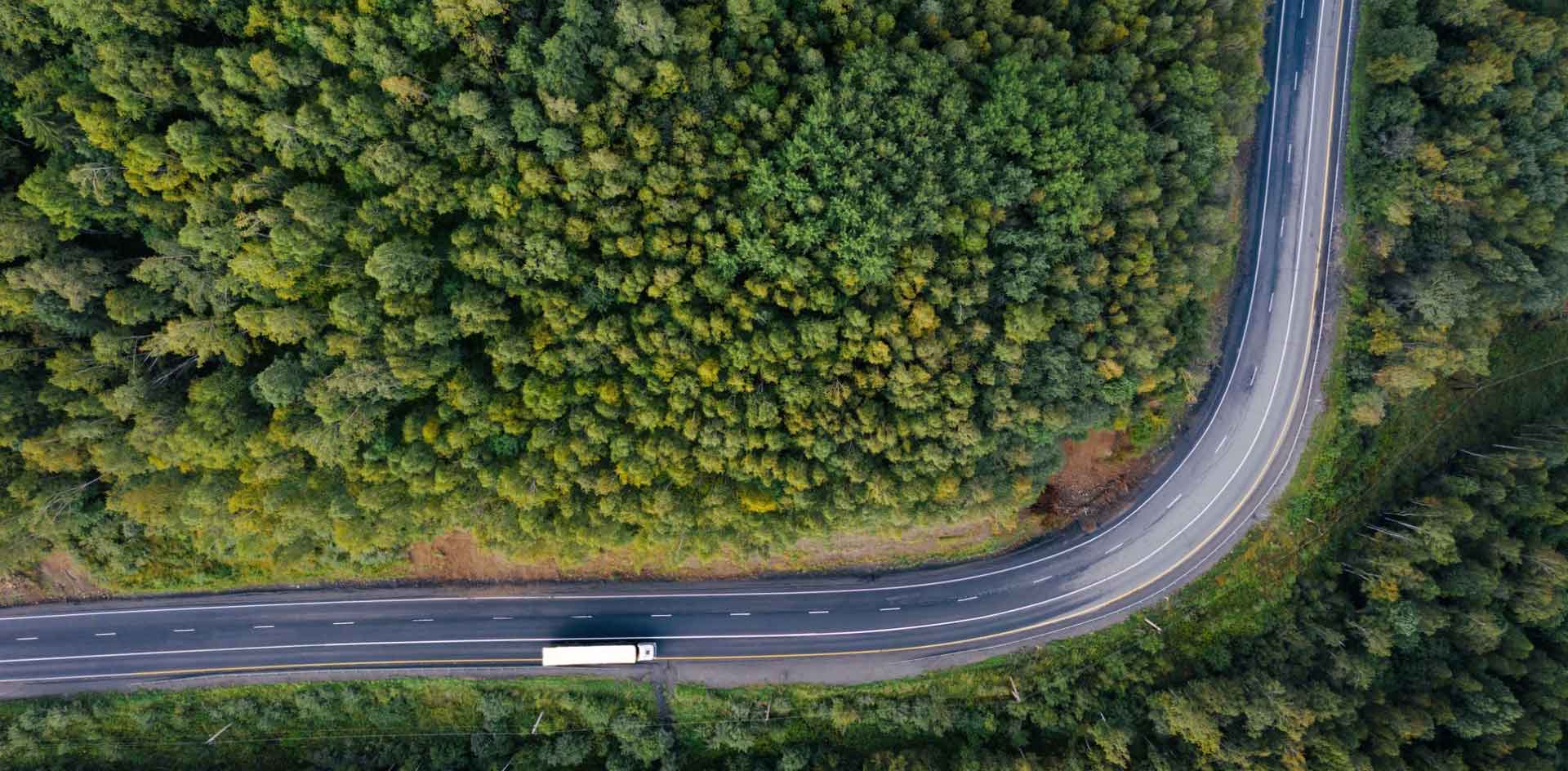 A truck driving through a forest – highlighting All-Forward’s sustainable logistics solutions for carbon-neutral supply chains